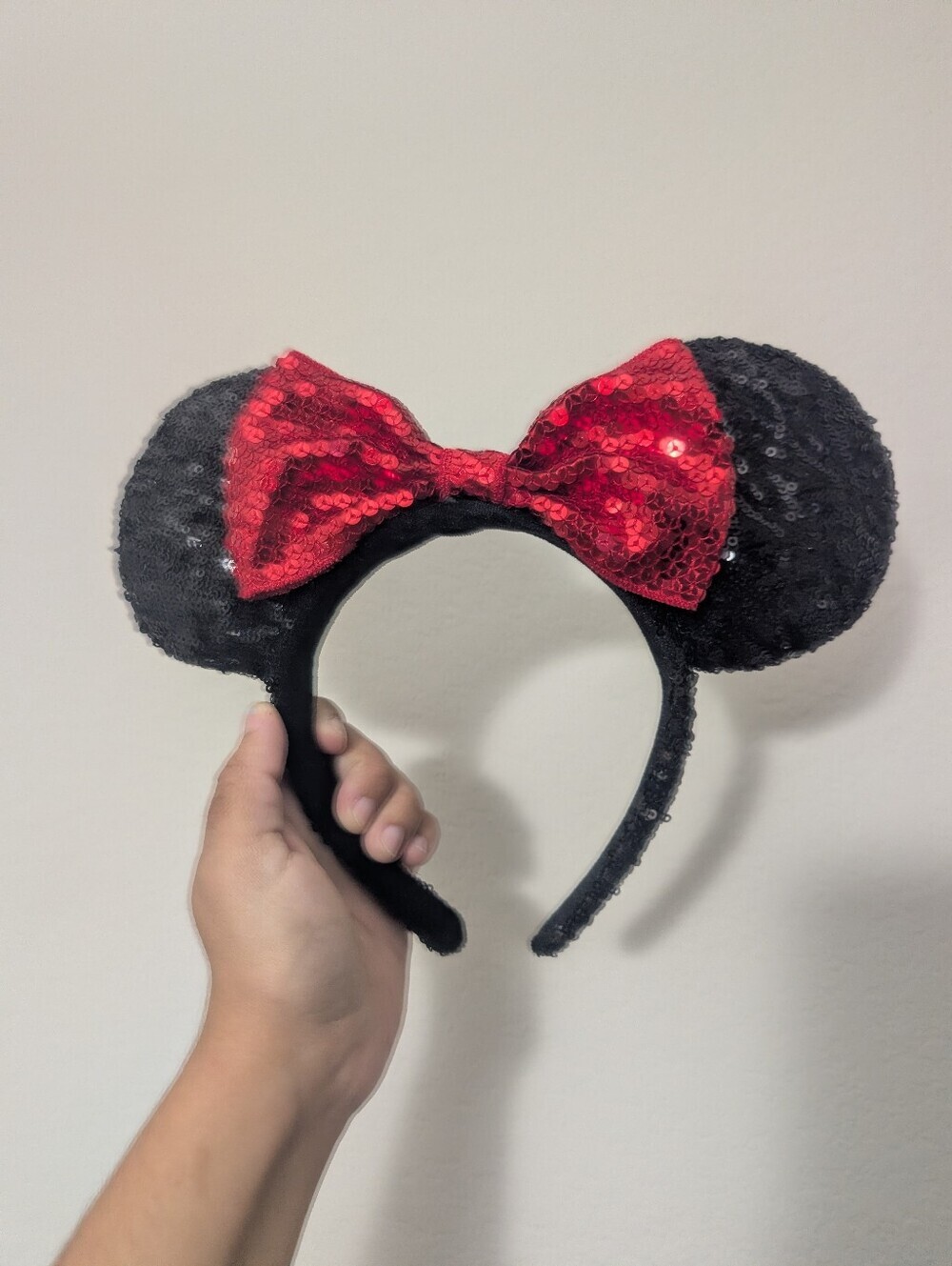 Minnie Mouse Black Sequin Ears with Red Bow Headband